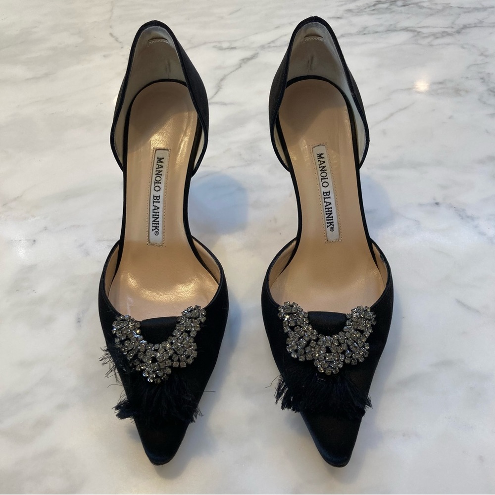 Manolo Blahnik Yorkie Satin Black Designer Heels Size 6.5 Euro 36.5